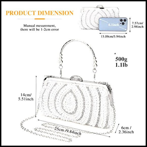 Elegant Pearl Beaded Clutch Evening Bag Formal Wedding Prom Party Purse